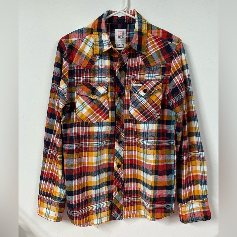 Topo Designs Mountain Flannel Western Shirt Men Small Orange Plaid Twill Pockets